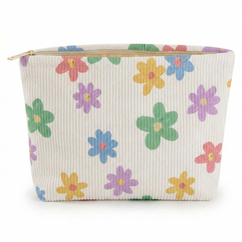 Grion Floral Corduroy Cosmetic Bag For Women - Portable Organiser With Metal Zipper, Multifunctional Travel Makeup Pouch For Daily Essentials & Toiletries