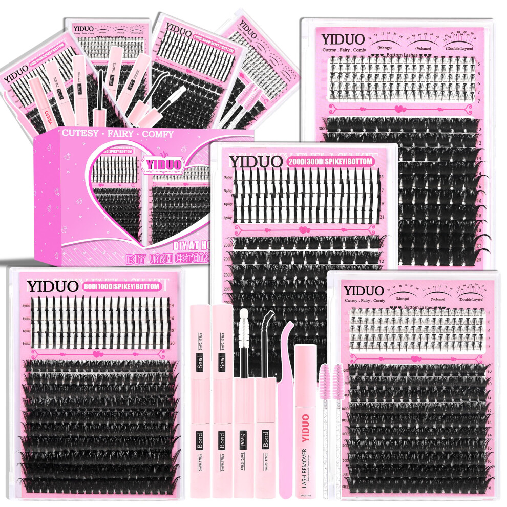 Yiduo Fluffy Lash Clusters Kit 80D+100D+200D+300D+Spikes+Bottom 10-20Mm Thick Clusters Lashes Extensions Kit With 2 Bond And Seal 960Pcs Wispy D