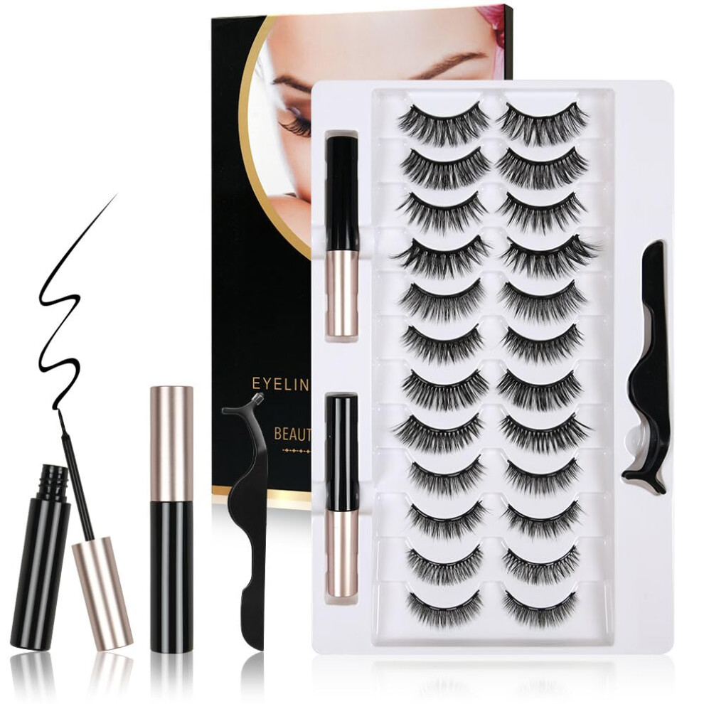 Lophe Eyelashes Magnetic Lashes, 12 Pairs Reusable Thick False Eyelashes With Eyeliner,Natural Look False Eyelashes, 3D Curly False Lashes Kit