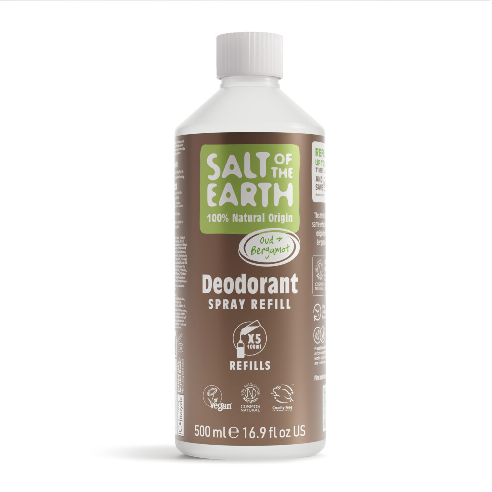 Salt Of The Earth - Natural Deodorant Spray Refill - Oud & Bergamot - 100% Natural Origin Ingredients - Vegan - Suitable For Men, Women & Children