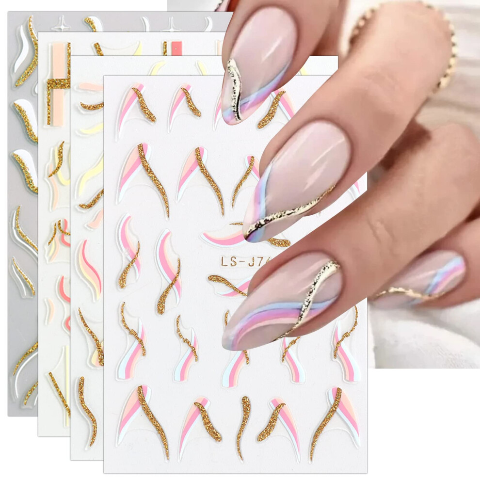 Jmeowio 9 Sheets French Tip Nail Art Stickers Decals Self-Adhesive Glitter Wave Line Nail Supplies Nail Art Design Decoration Accessories