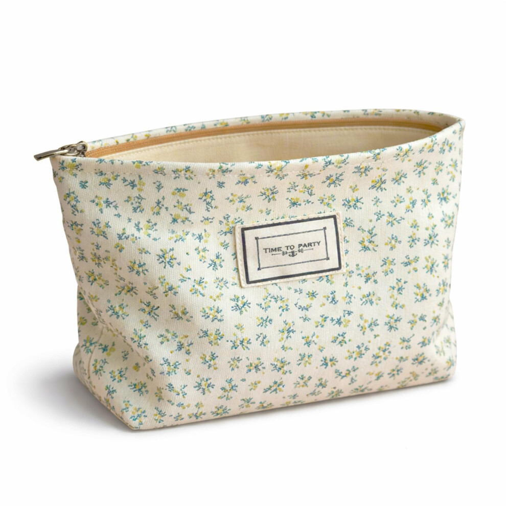 Rubytint Floral Cosmetic Bag With Zippered Closure For Travel And Makeup - Small Rectangular Toiletry Organiser Pouch In Cream Canvas With Green Yellow Flower