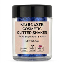 Stargazer Glitter Shaker, Royal Blue. Cosmetic glitter powder for use on the eyes, lips, face, body, hair and nails.