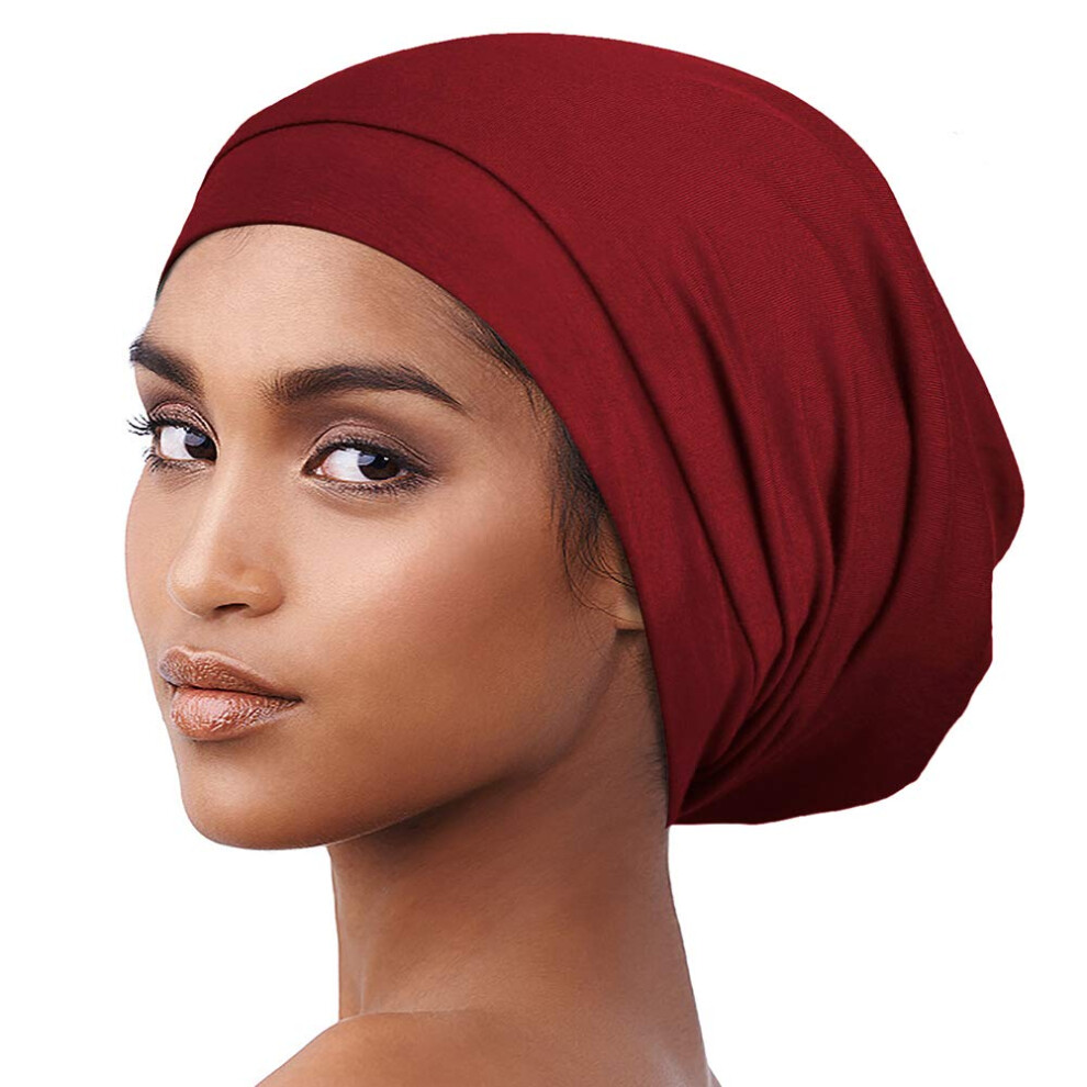 Alnorm Red Satin Lined Hair Bonnet Chemo Beanie For Women Curly Girl Sleep Cap Wine