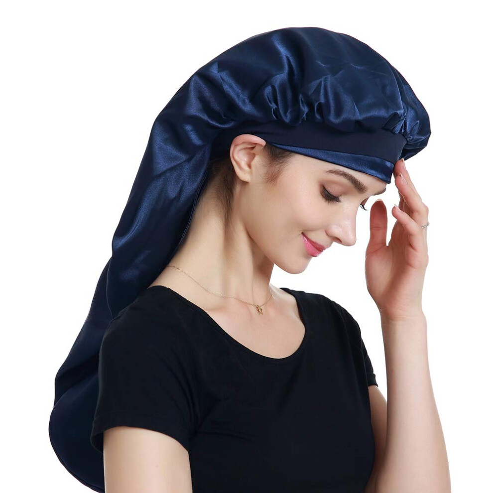 Alnorm Satin Head Scarf Braid Bonnet Hair Wrap For Sleeping Navy