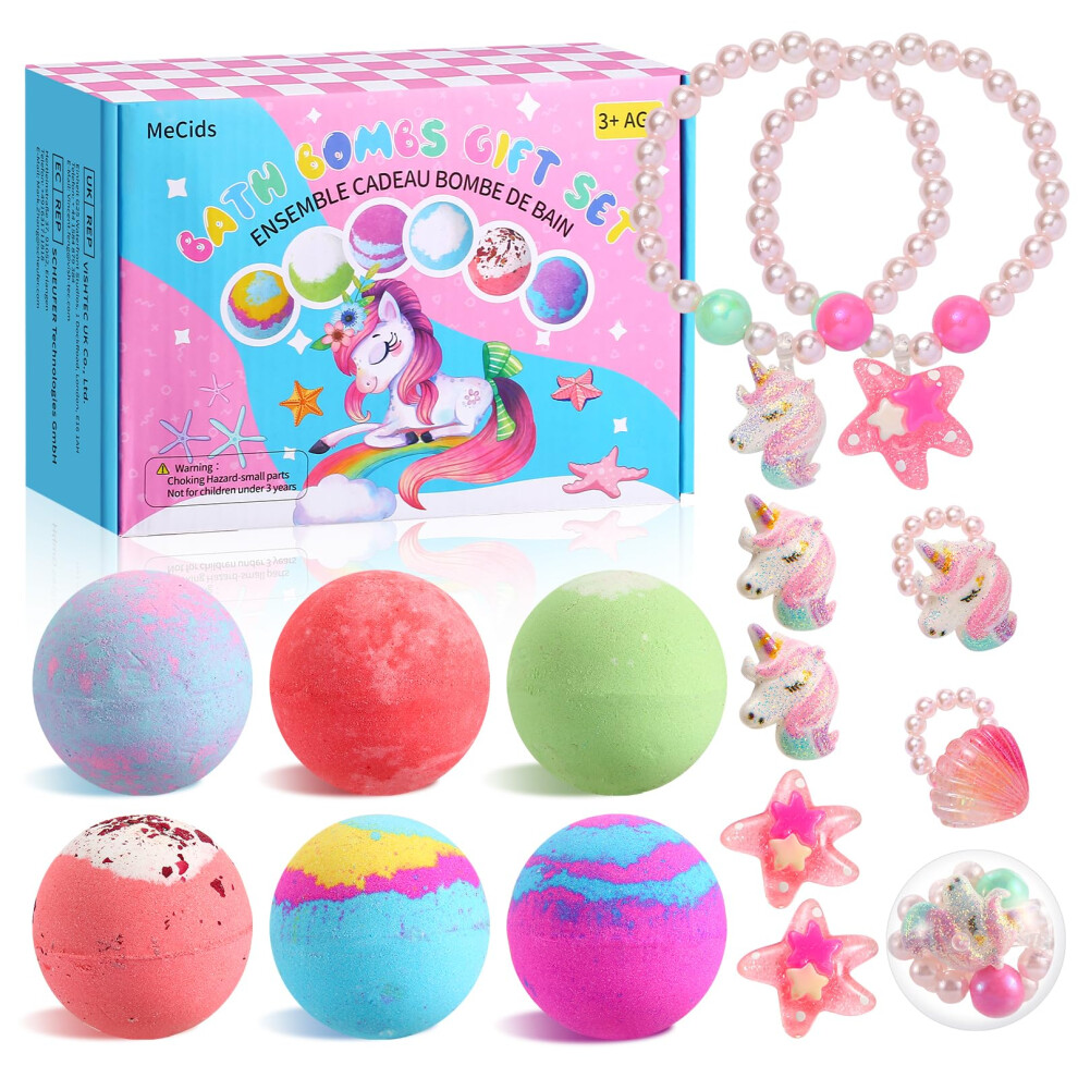 Mecids Bath Bombs For Kids With Surprise Toy Inside, 6 Pack Organic Bath Bomb With Bracelets And Rings