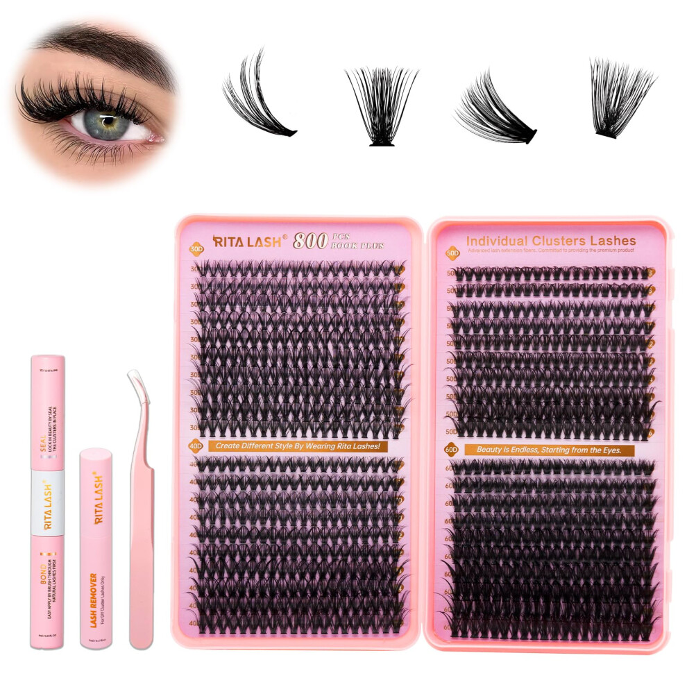 Ritalash Diy Eyelash Extension Kit, 800Pcs Cluster Lash Book Set With Bond & Seal, Remover, Tweezers, D-Curl Lashes In 8-16Mm (30D+40D+50D+60D Kit)