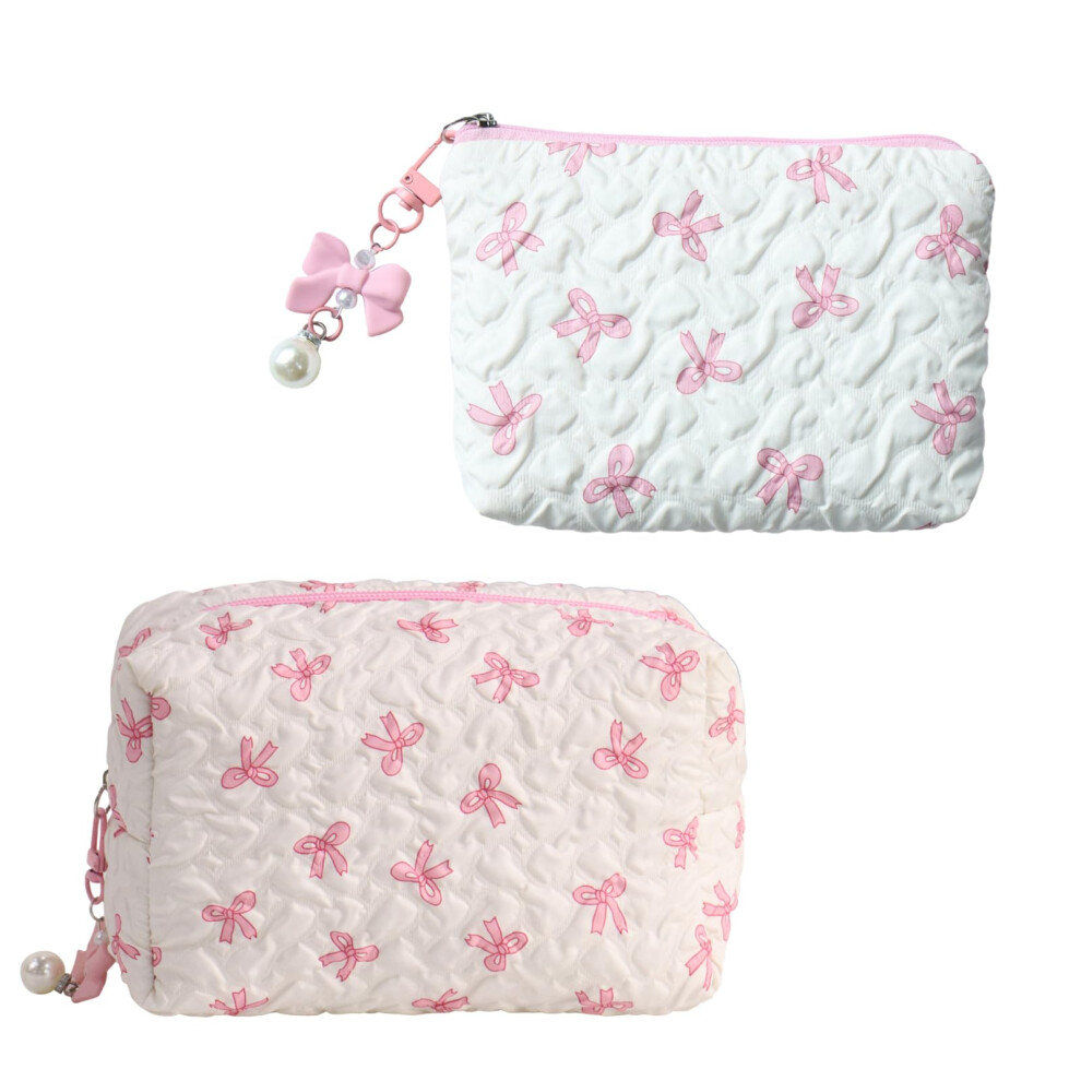 Copbopwn 2Pcs Pink Bow Quilted Makeup Bags Small Makeup Bag Cute Make Up Bags Cosmetic Pouch Puffy Pouches For Girls Mini Travel Toiletry Bags For Women