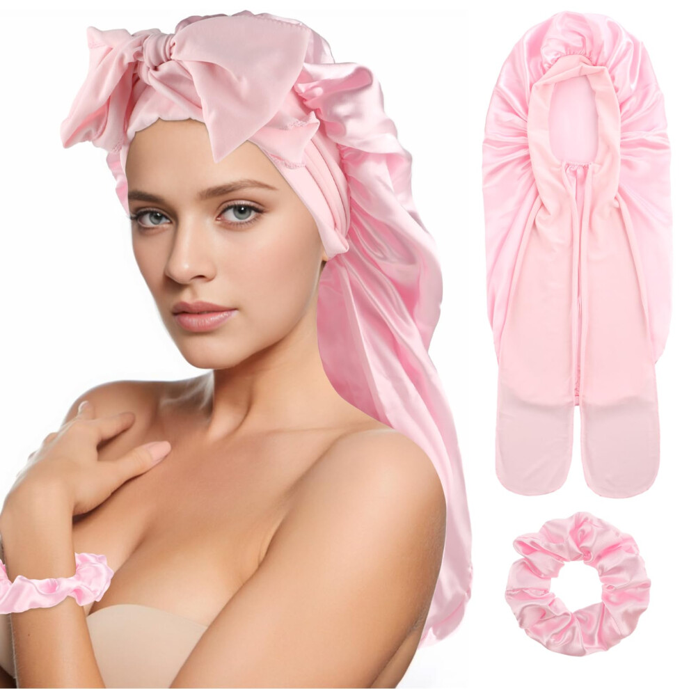 Abeillo Pink Long Satin Bonnet For Women, Large Silk Sleep Cap With Tie Band And Scrunchies For Long Curly Hair, Braids (Pink)
