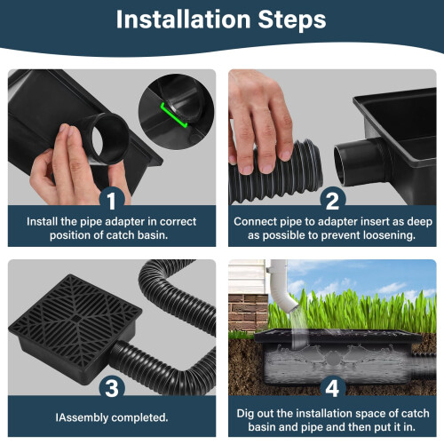 DKIEI Square Catch Basin Drain Kit, Catch Basin Downspout, No Deep Dig Required, Pipe Stretched Length 155cm 2