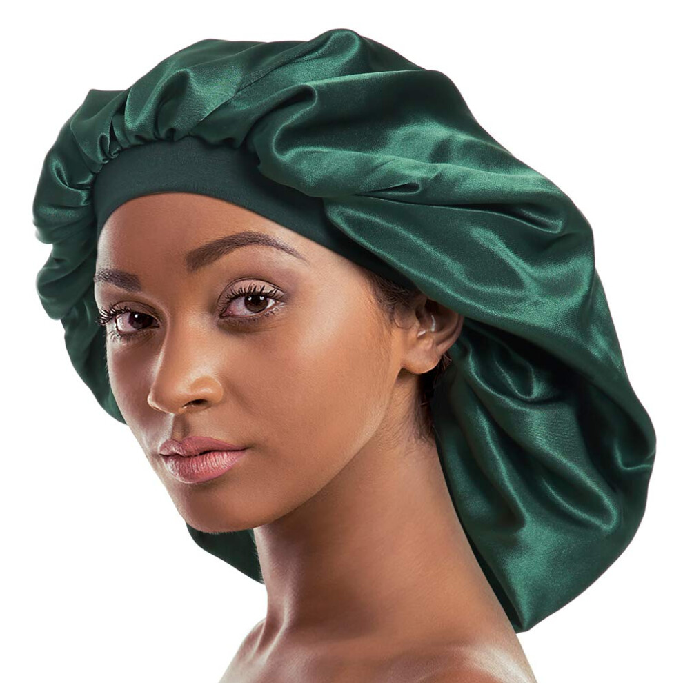 Alnorm Green Double Layered Satin Bonnet Oversized Sleep Cap For Hair Loss Women