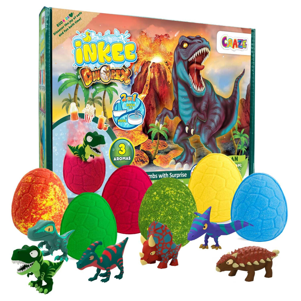 Inkee Dinosaur Bath Bombs Gift Set For Kids Age 3+ Â 6 Colourful Bath Bombs With Surprise Dino Toys Inside