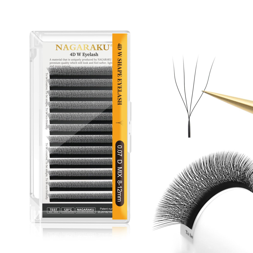 Nagaraku Black 4D Lashesï¼W Shape Eyelash Extensions 0.07Mm D Curl 8-15Mm Mix Volume Lashes Hand Woven Long Stem Matte Premade Fans 4 Tips False