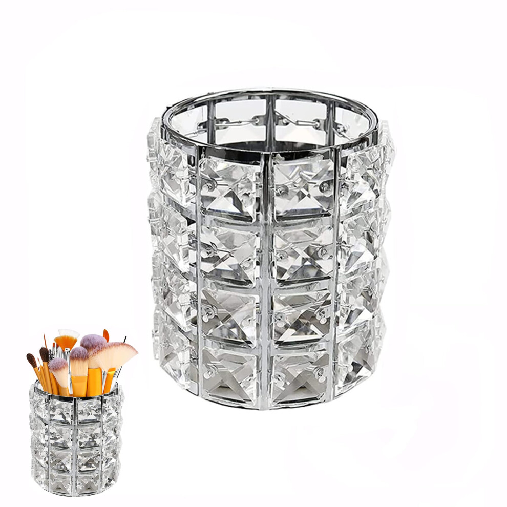 Oyuujii Silver Crystal Makeup Brush Holder Organizer,Makeup Brush Organiser Crystal Make Up Cosmetic Holder Container Organizer For Desktop Decoration