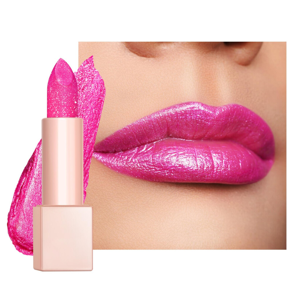 Oulac Pink Bright Glitter Lipstick - Moisture Tinted Lip Balm, Metallic Sparkly Finish, Dusky Rose Shiny Lipstick, Creamy Brilliant Lip Color