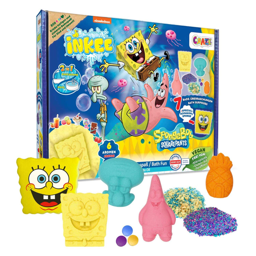 Inkee Gift Box Spongebob Bath Set Â 7 Bath Additives, Spongebob Bath Bombs & Kidsâ Bath Salts With Avocado Oil + Accessory