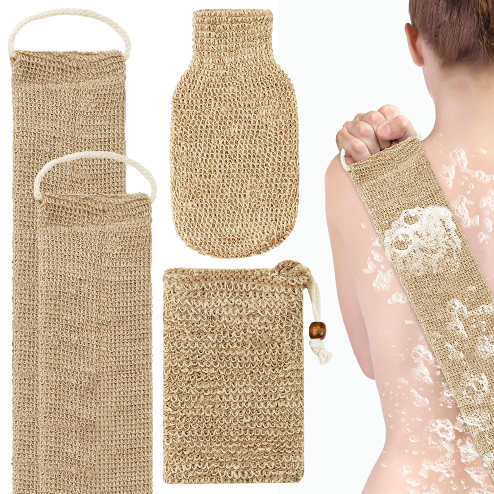 Fantasyon 3Pcs Natural Hemp Back Scrubber, 100% Natural Exfoliating Back Strap With Mitt, Exfoliating Loofah Back Scrubber With Handles For Men And Women Deep