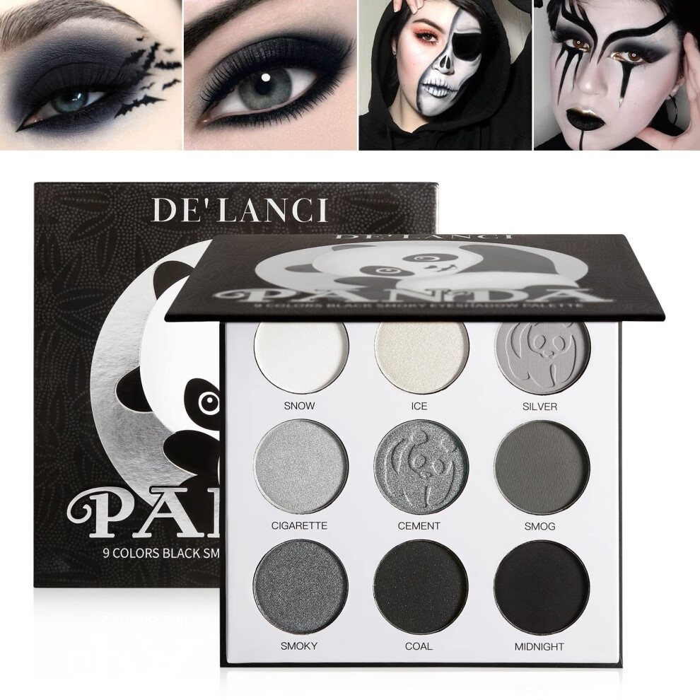 De'lanci DeâLanci Panda Black Smokey Eyeshadow Palette Makeup,9 Colors Black Silver Gray White Eyeshadow Makeup Palette,Highly Pigmented Gothic Makeup Matte