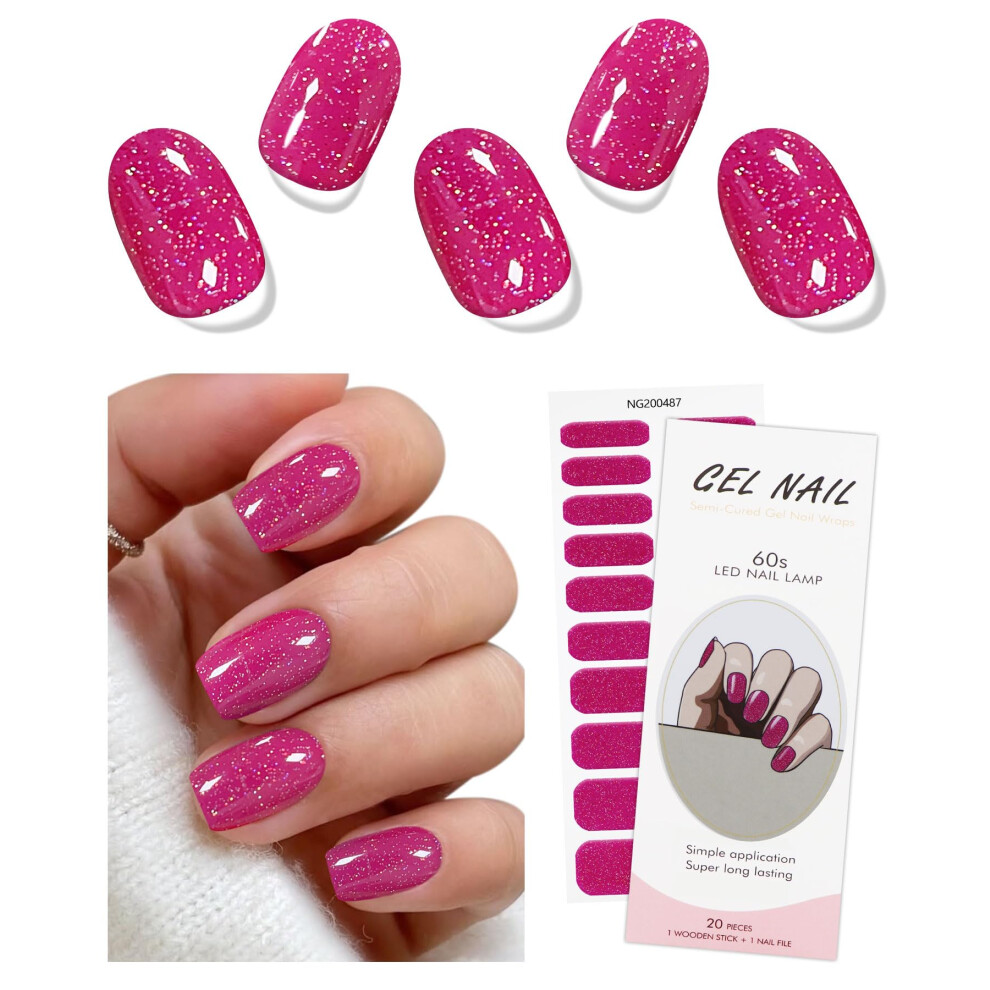 Jmeowio Pink Gel Nail Stickers Glitter Semi Cured Gel Nail Strips Wraps Uv/Led Nails Art Design Decoration Accessories