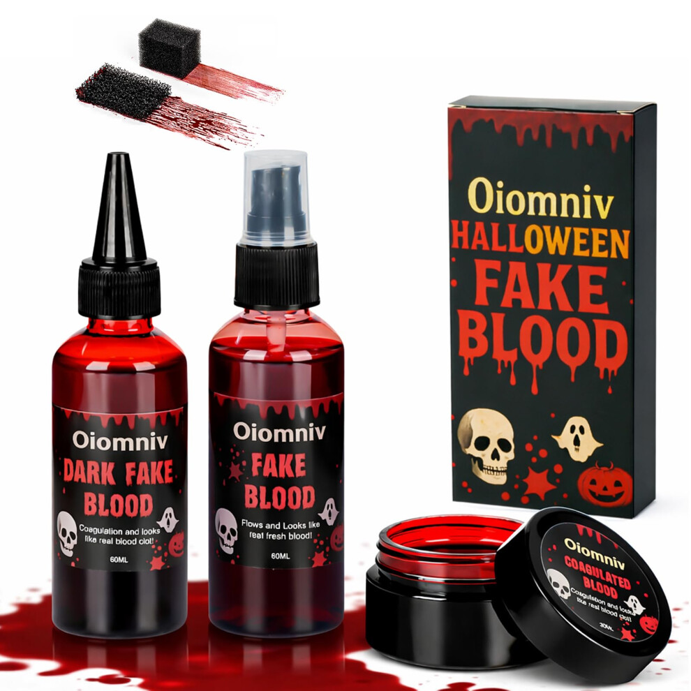 Oiomniv 5Pcs Fake Blood Kit, 2.03Oz Fake Blood Spray 2.03Oz Dripping Blood 1.01Oz Coagulated Blood Gel