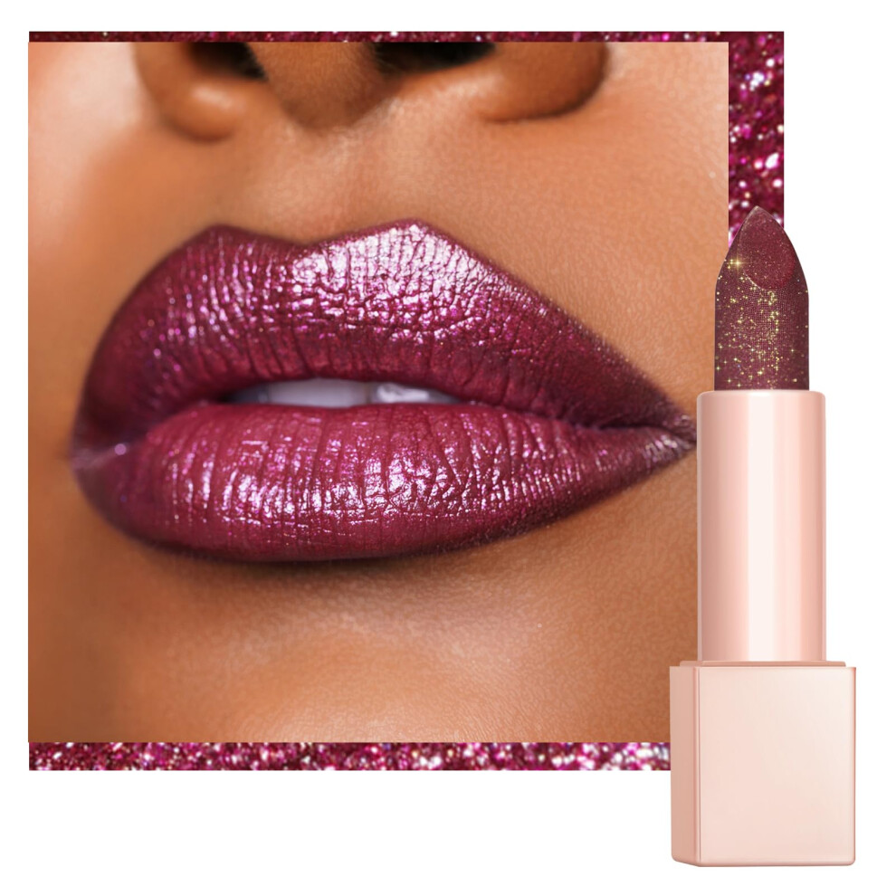 Oulac Purple Plum Glitter Lipstick - Bronze Moisture Tinted Lip Balm, Metallic Sparkly Finish, Shiny Lipstick, High Pigment