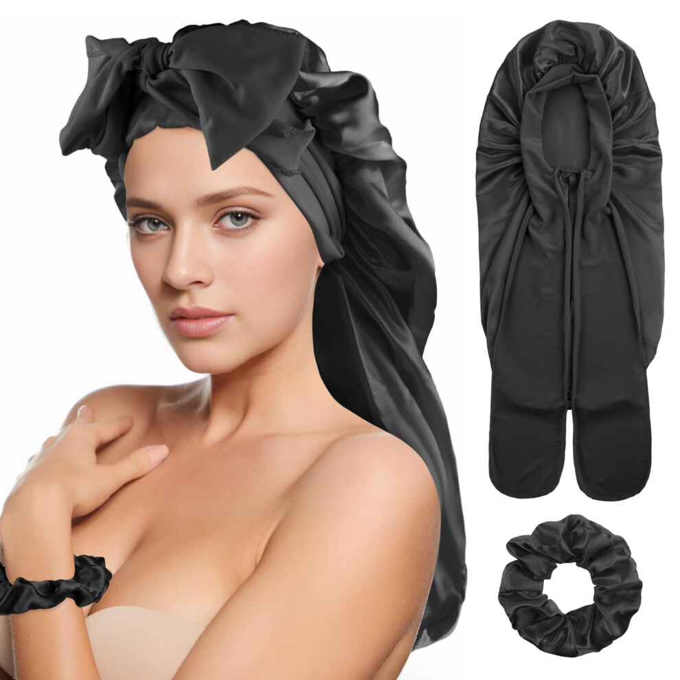 Abeillo Black Satin Bonnet For Women, Silk Sleep Bonnet With Tie Band And Scrunchies, For Long Curly Hair And Braids (Black)