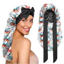 BHAHB Silk Long Satin Hair Bonnet for Sleeping Adjustable Double Layer Elastic Reusable Long Hair Caps Cute Women Girls (L15-Butterfly)