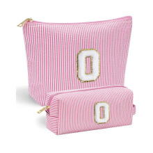 2 Pack Makeup Bag Letter 0 — Vivajoy Personalised Make Up Bags for Women, Pink Striped Chenille Initial Makeup Bags