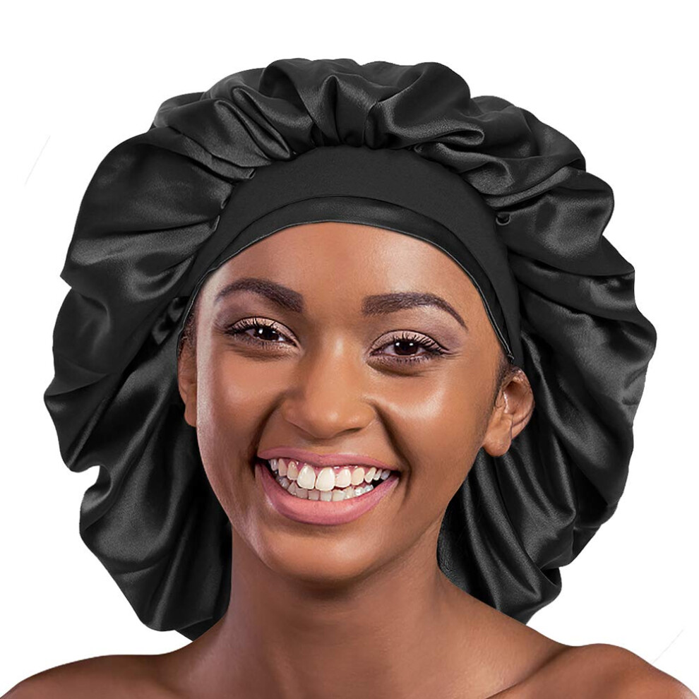Alnorm Black Satin Bonnet For Natural Hair Curly Hair Braids