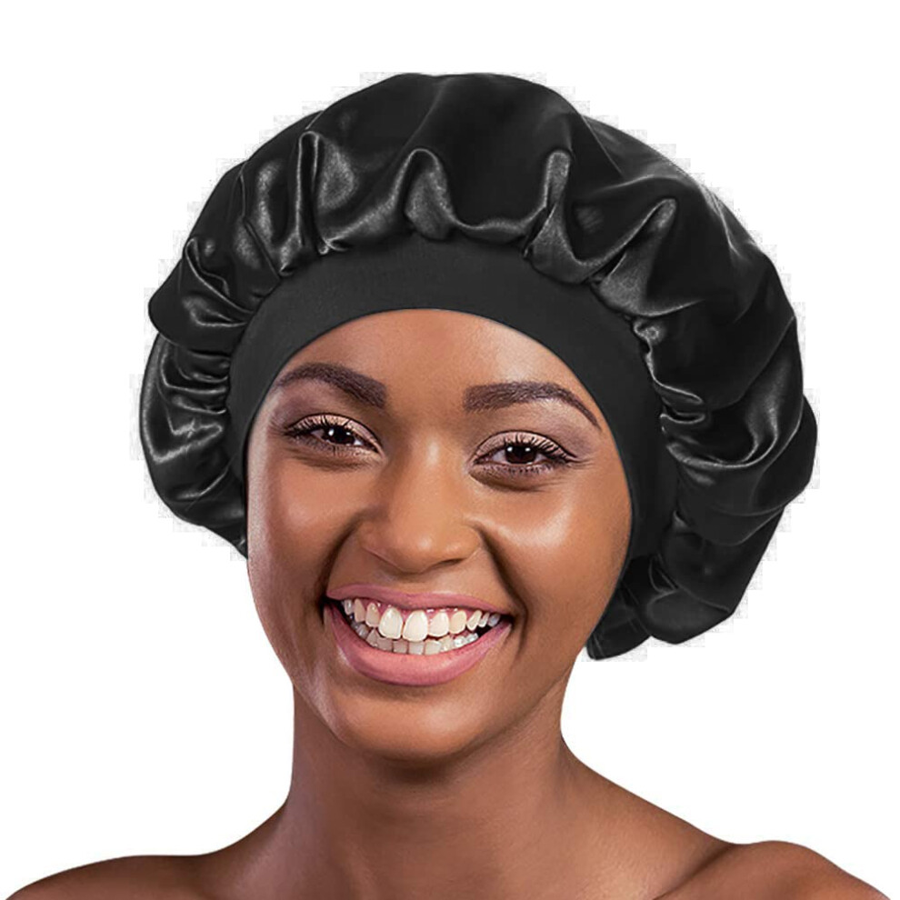 Alnorm Black Sleep Caps Satin Lined Hair Bonnets For Women