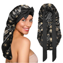 BHAHB Silk Long Satin Hair Bonnet for Sleeping Adjustable Double Layer Elastic Reusable Long Hair Caps Cute Women Girls (L14-Moon)