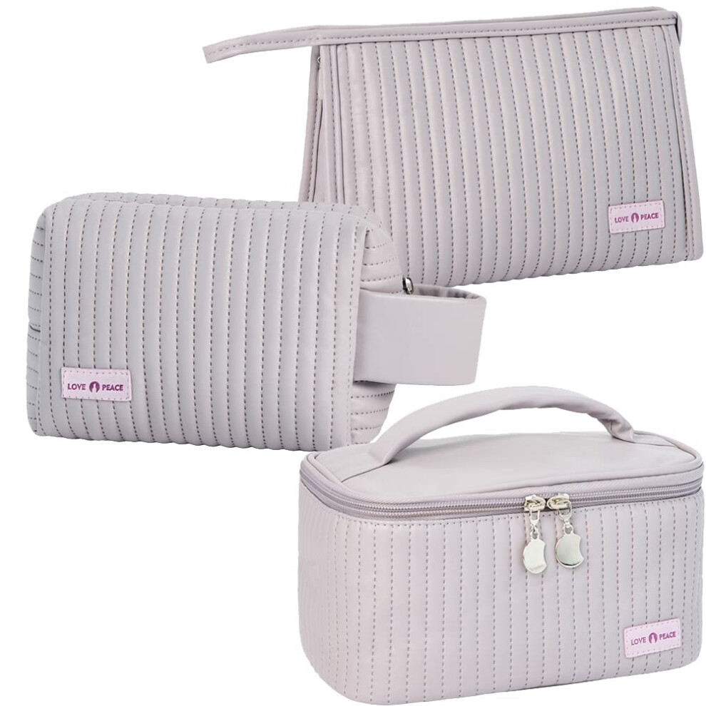 Linpr Makeup Bag 3 Pcs Cosmetic Bags Set, Pu Striped Leather Toiletry Bag, Portable Waterproof Travel Makeup Organizer