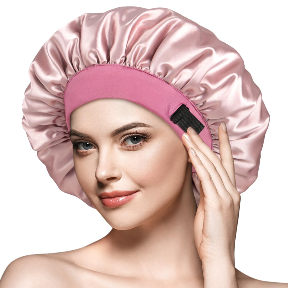 Mikimini Pink Satin Bonnet For Women - Double Layer Silky Bonnet For Sleeping With Elastic Band, Elegant Hair Bonnet For Curly Hair Braid For Night