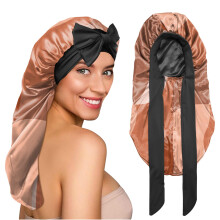 BHAHB Silk Long Satin Hair Bonnet for Sleeping Adjustable Double Layer Elastic Reusable Long Hair Caps Cute Women Girls(L4-Block)