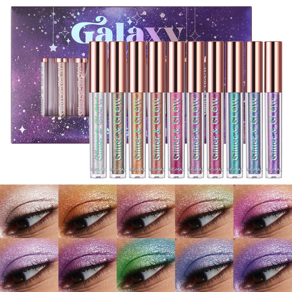 Langmanni 10 Pcs Liquid Glitter Eyeshadow Metallic Shimmer Sweatproof Makeup Set, Matte Pressed All Highly Pigmented Blending Powder