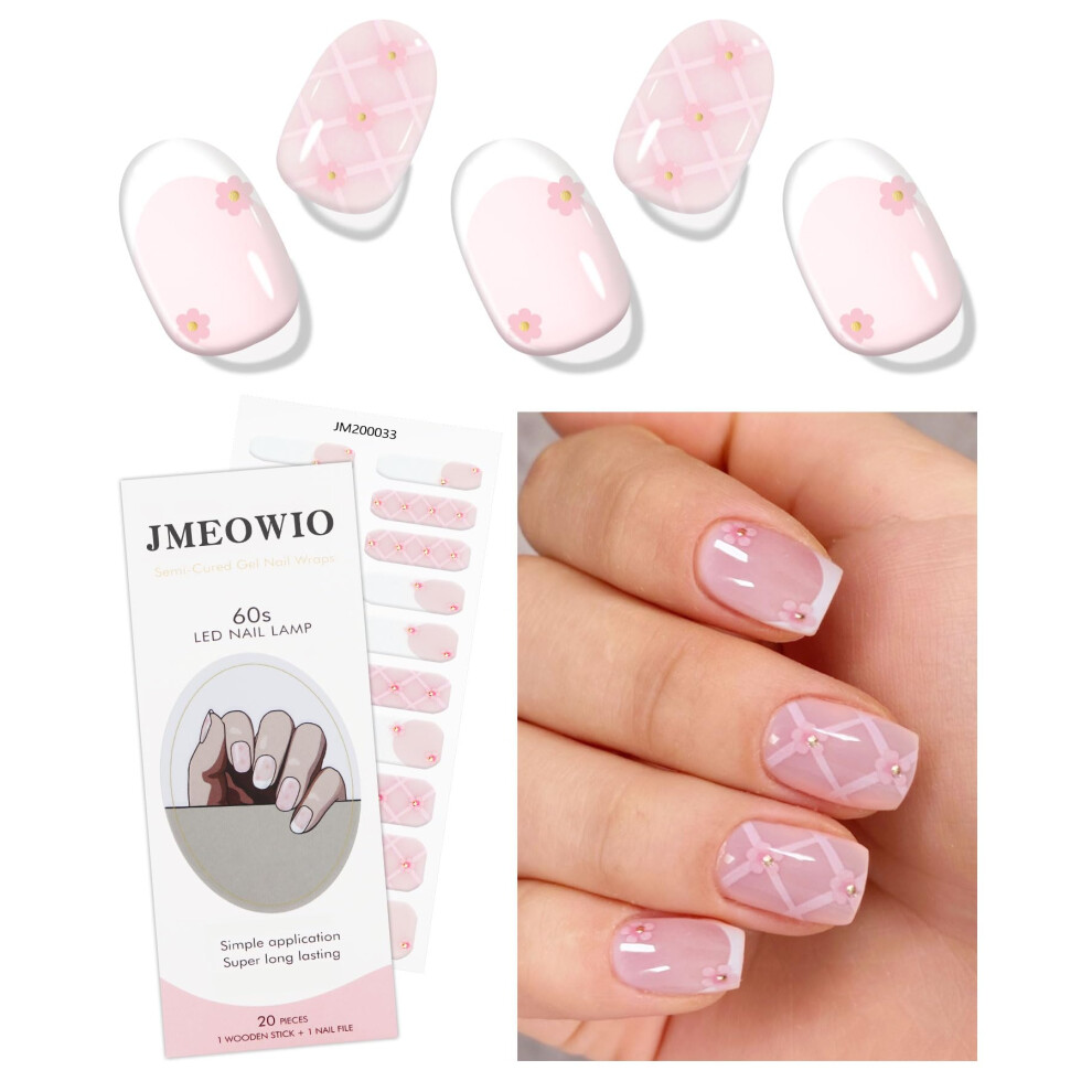 Jmeowio White/Pink Gel Nail Stickers French Tip Flower Semi Cured Gel Nail Strips Wraps Uv/Led Nails Art Design Decoration Accessories