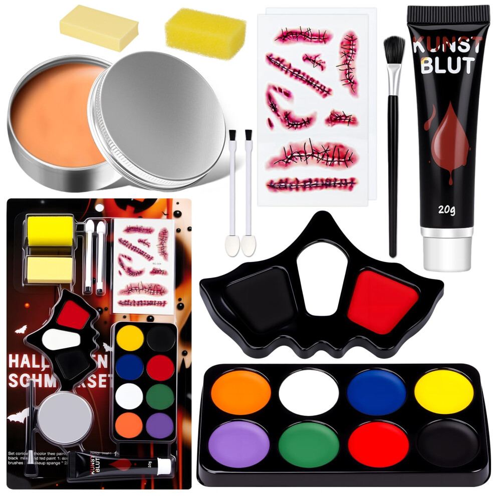 Lunareclipse Face Paint Halloween Makeup Kit - White Black Red Face Paints Professional Adults With Fake Blood, Scars, Tattoos
