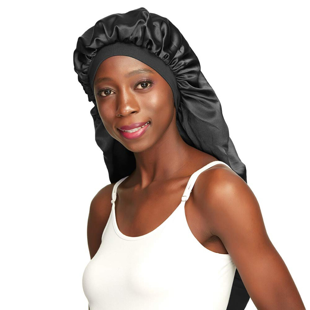 Awefeel Black Double-Layer Satin Sleep Cap For Long Hair, Braids, Dreadlocks, Curly Hair - One Size