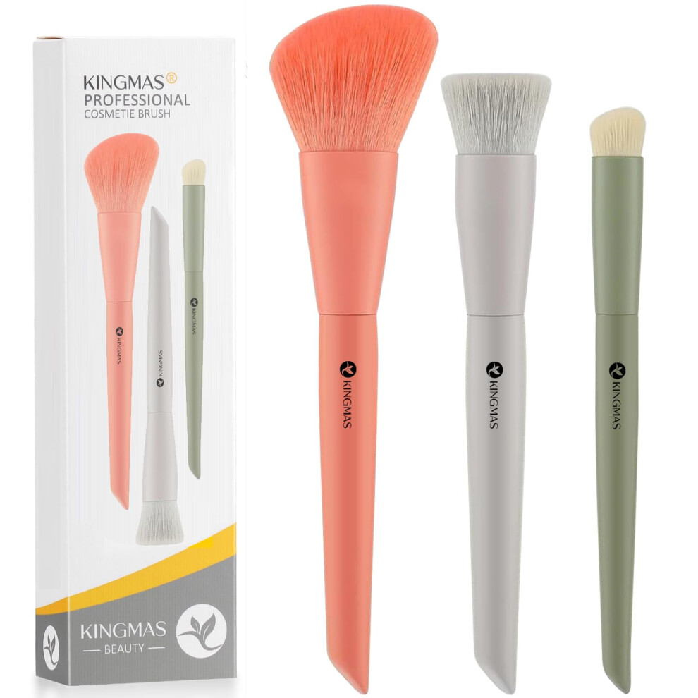 Kingmas 3Pcs Foundation Brush & Contour Concealer Brush Under Eye & Blusher Brush Kabuki Makeup Brushes For Face Blush Bronzer Travel Buffing