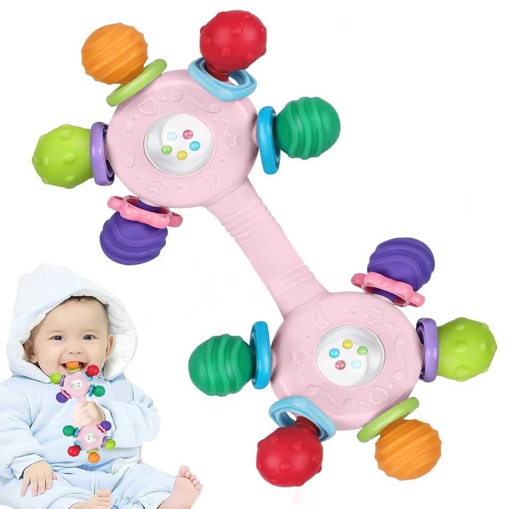 Baby Teething Toy 0-36 Months, Dual-Ended Silicone Rattle & Teether For Babies, Montessori Sensory Chew Toy For Newborn Girls Pink Afufu