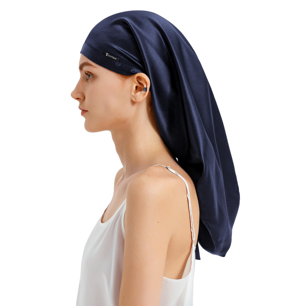 Lilysilk Blue Mulberry Silk Sleep Cap 100% 19 Momme Long Silk Bonnet For Curly Hair, Night Cap For Sleeping, Silk Hair Wrap For Women,Navy