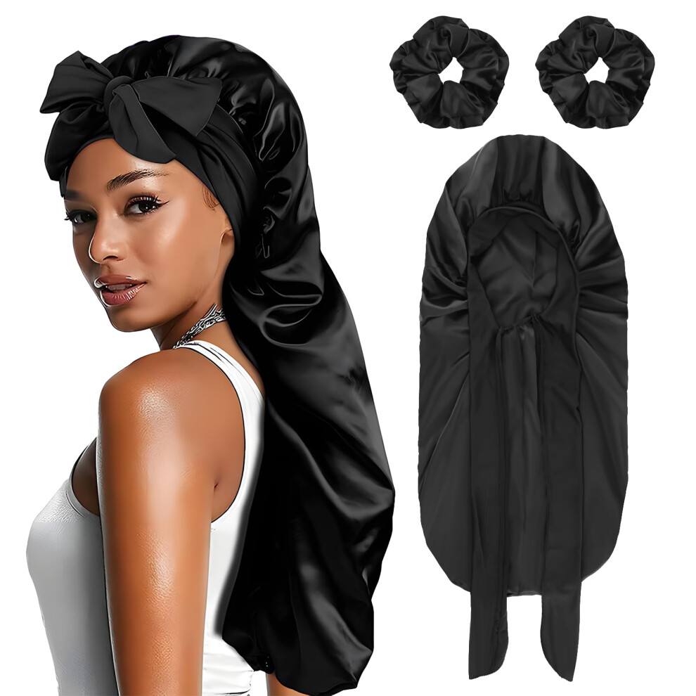 Starvortex Satin Bonnet, Large Silky Hair Bonnet For Sleeping With 2Pc Satin Scrunchies, Adjustable Bonnet For Women, Satin Hair Wrap