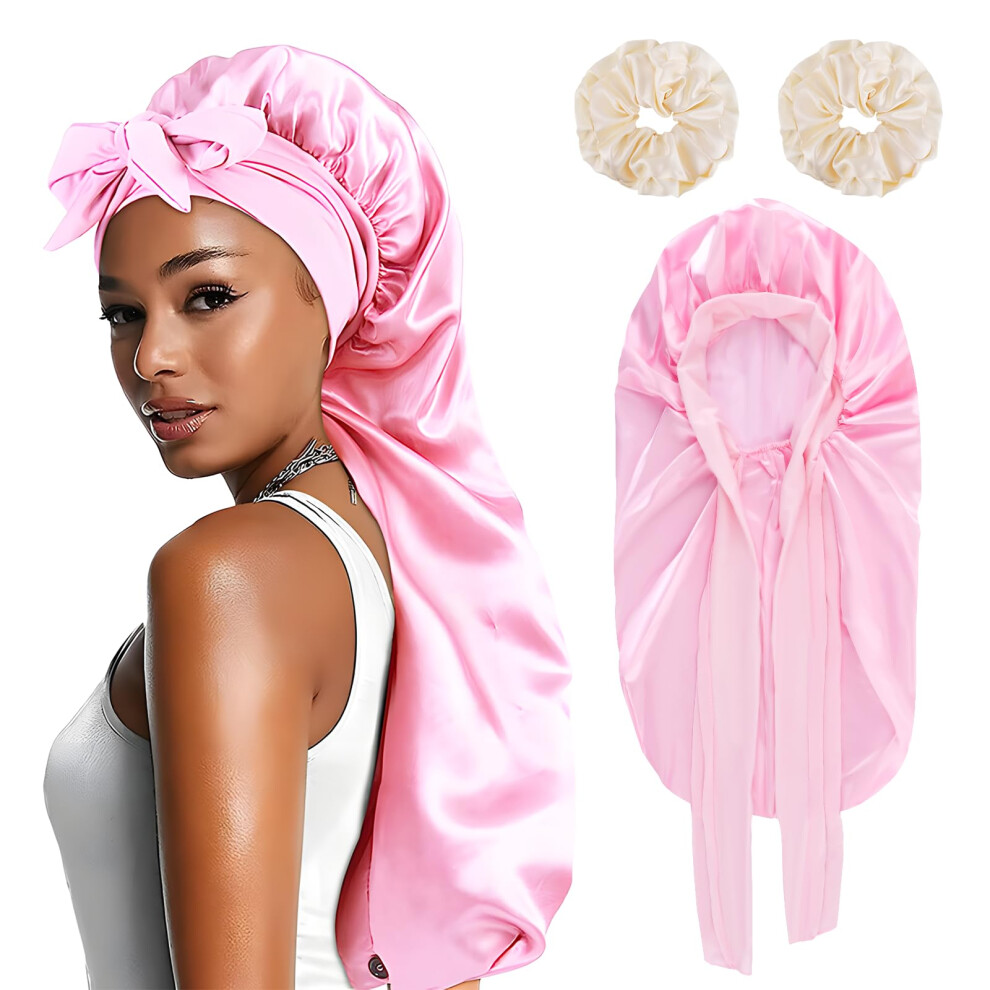Starvortex Satin Bonnet For Sleeping Long Hair, Silky Hair Bonnets For Women With 2Pc Satin Scrunchies, Adjustable Satin Hair Bonnet With Tie