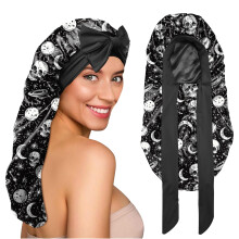 BHAHB Silk Long Satin Hair Bonnet for Sleeping Adjustable Double Layer Elastic Reusable Long Hair Caps Cute Women Girls(L20-Star)