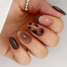 JMEOWIO Gel Nail Stickers Coffee French Tip Leopard Print Semi Cured Gel Nail Strips Wraps UV/LED Nails Art Design Decoration Accessories