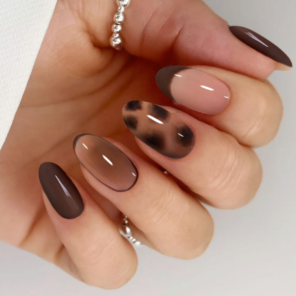 Jmeowio Gel Nail Stickers Coffee French Tip Leopard Print Semi Cured Gel Nail Strips Wraps Uv/Led Nails Art Design Decoration Accessories