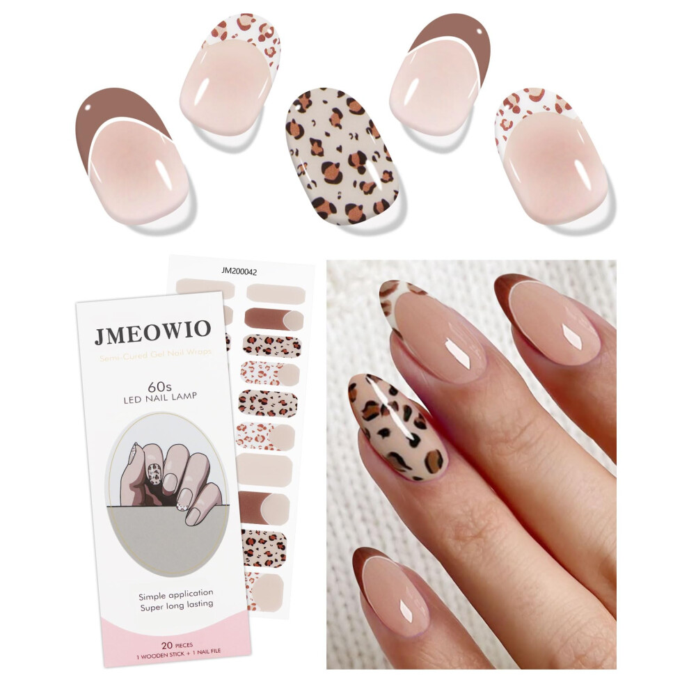 Jmeowio Cream Gel Nail Stickers Coffee French Tip Leopard Print Semi Cured Gel Nail Strips Wraps Uv/Led Nails Art Design Decoration Accessories