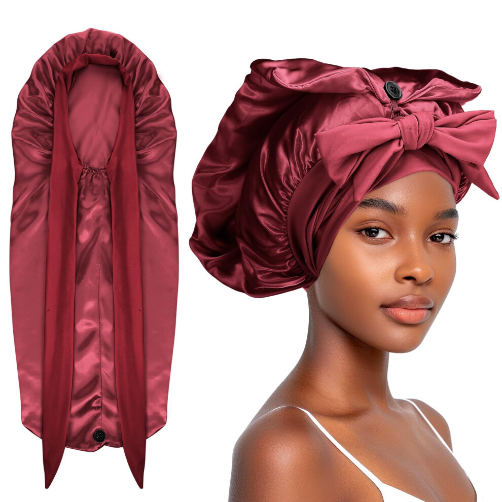Abeillo Red Long Satin Bonnet For Women Sleeping, Silk Bonnet Large Hair Cap Silk Hair Bonnets With Tie Band For Braids Curly Hair (Wine )