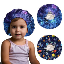 BHAHB 2 PCS Kids Bonnet Satin Silk Bonnets Double Layer Elastic Adjustable Hair Caps for Sleeping Reusable Cute Aesthetic (G14-Astronaut Stars)