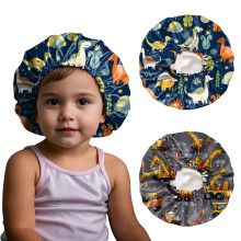 BHAHB 2 PCS Kids Bonnet Satin Silk Bonnets Double Layer Elastic Adjustable Hair Caps for Sleeping Reusable Cute Aesthetic (G15-Dinosaur Cars)